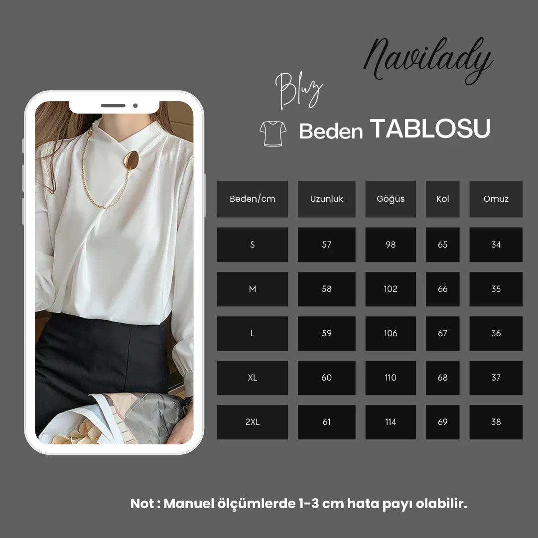 Uzun Kollu Beyaz Şifon Bluz - Dik Yaka Kadın Üstleri