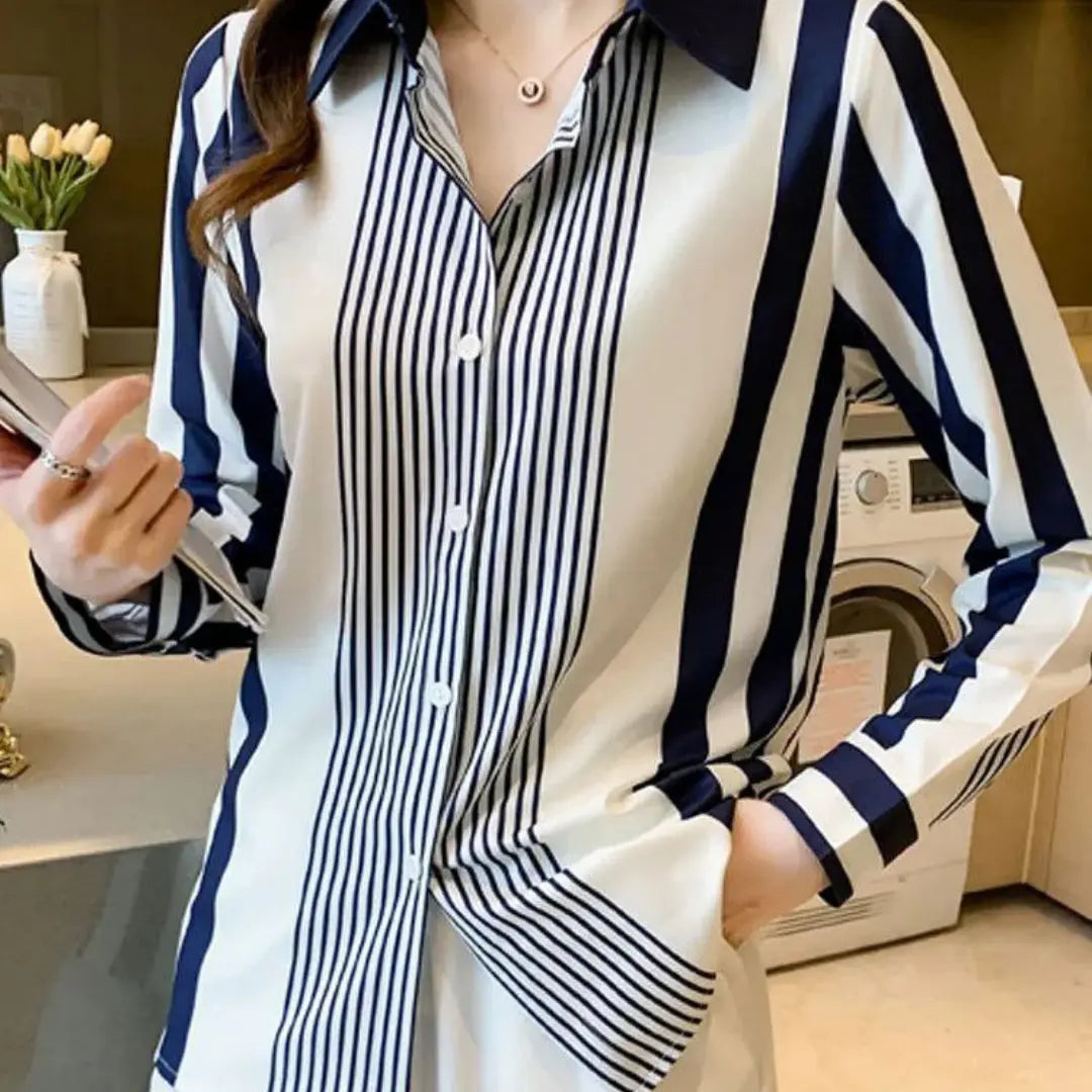 Kadın Uzun Kollu Çizgili Şifon Bluz