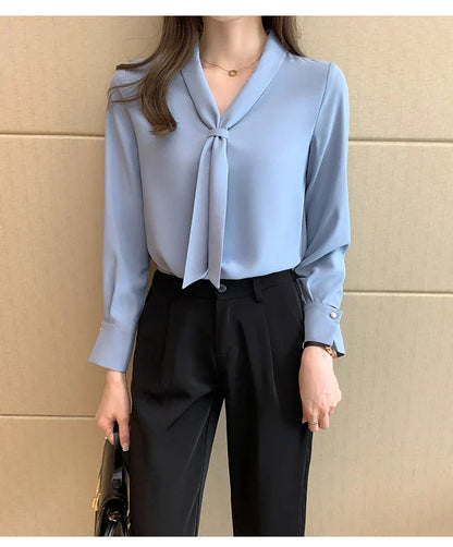 Sonbahar Uzun Kollu Chiffon Bluz - Fiyonklu V-Yaka Ofis Kadını Bluzu