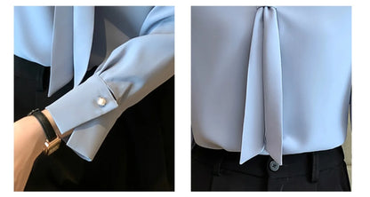 Sonbahar Uzun Kollu Chiffon Bluz - Fiyonklu V-Yaka Ofis Kadını Bluzu