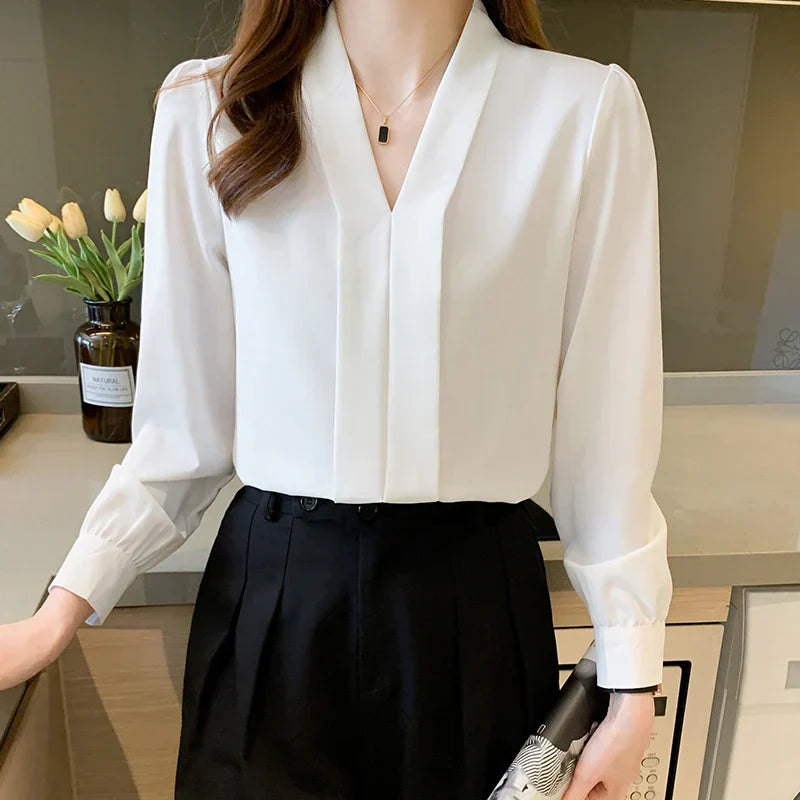 Sonbahar V-Yaka Beyaz Chiffon Bluz