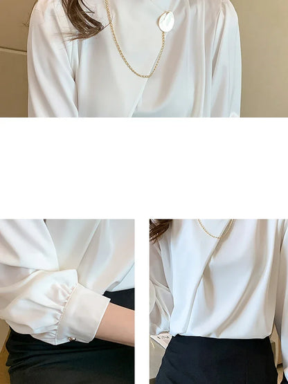 Uzun Kollu Beyaz Şifon Bluz - Dik Yaka Kadın Üstleri