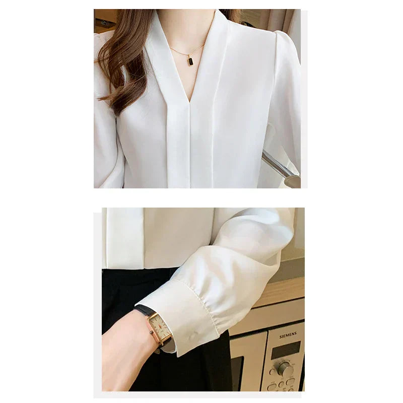 Sonbahar V-Yaka Beyaz Chiffon Bluz