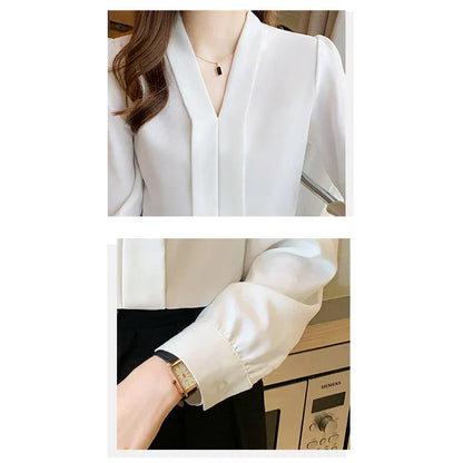 Sonbahar V-Yaka Beyaz Chiffon Bluz