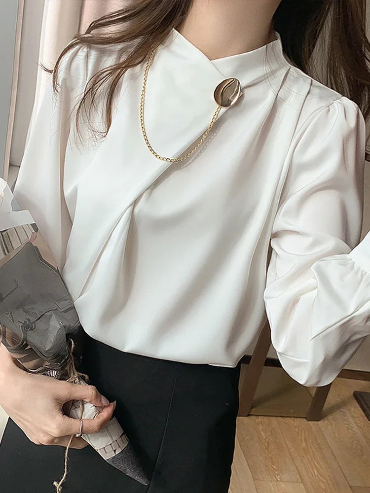 Uzun Kollu Beyaz Şifon Bluz - Dik Yaka Kadın Üstleri