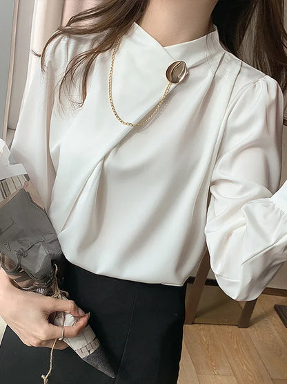 Uzun Kollu Beyaz Şifon Bluz - Dik Yaka Kadın Üstleri