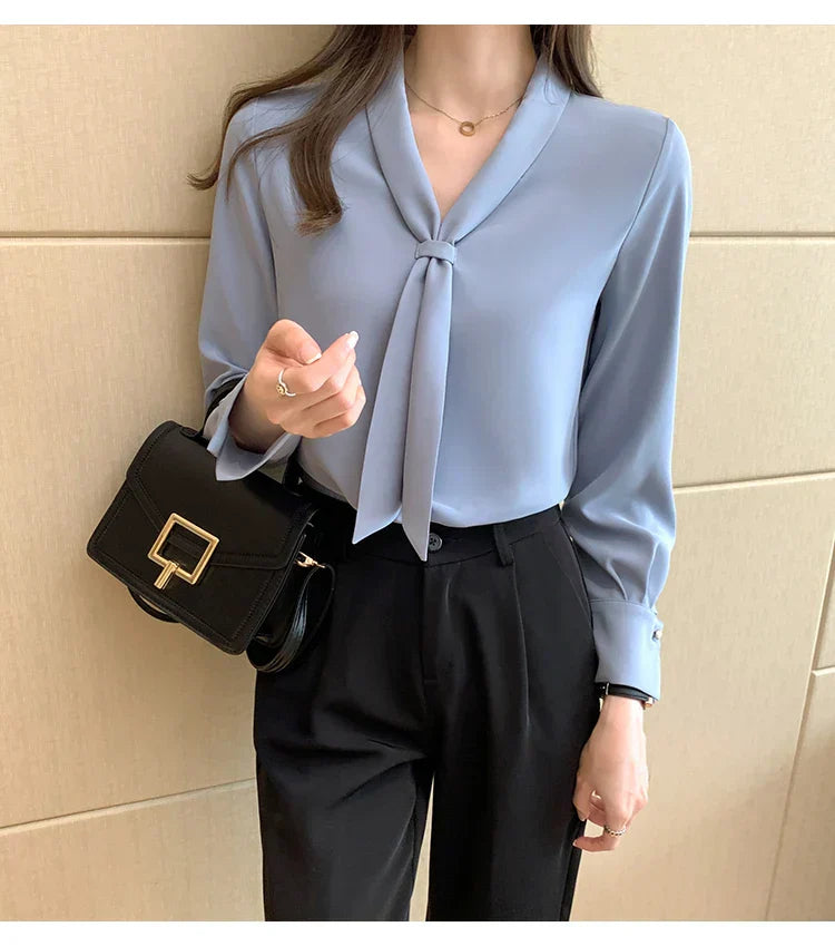 Sonbahar Uzun Kollu Chiffon Bluz - Fiyonklu V-Yaka Ofis Kadını Bluzu
